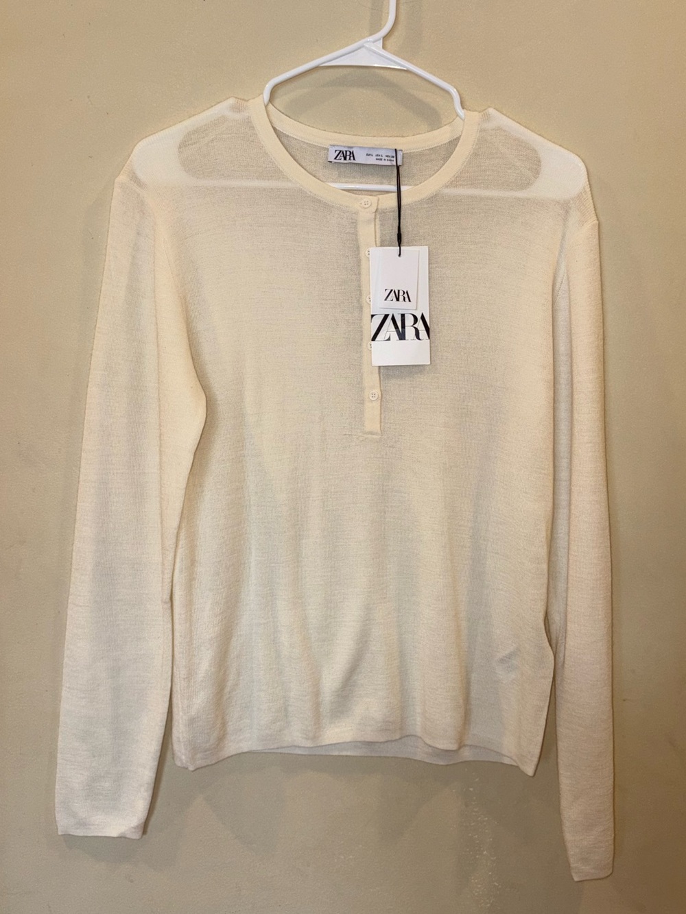 ZARA Cream Long Sleeve Henley Knit Top